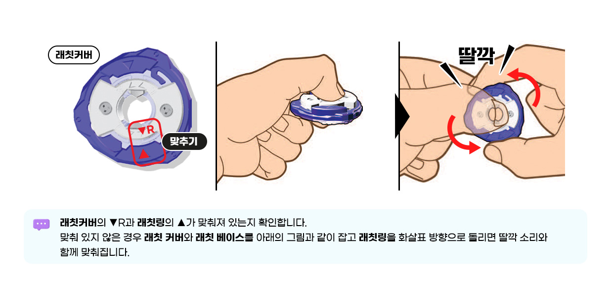 래칫커버의 ▼R과 래칫링의 ▲가 맞춰져 있는지 확인합니다. 맞춰 있지 않은 경우 래칫 커버와 래칫 베이스를 아래의 그림과 같이 잡고 래칫링을 화살표 방향으로 돌리면 딸깍 소리와 함께 맞춰집니다.